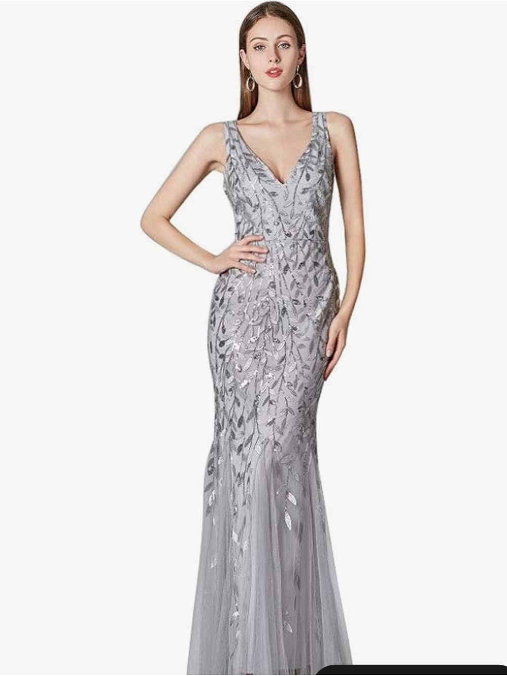 Embroidered Sequin V-Neck Dress in Silver